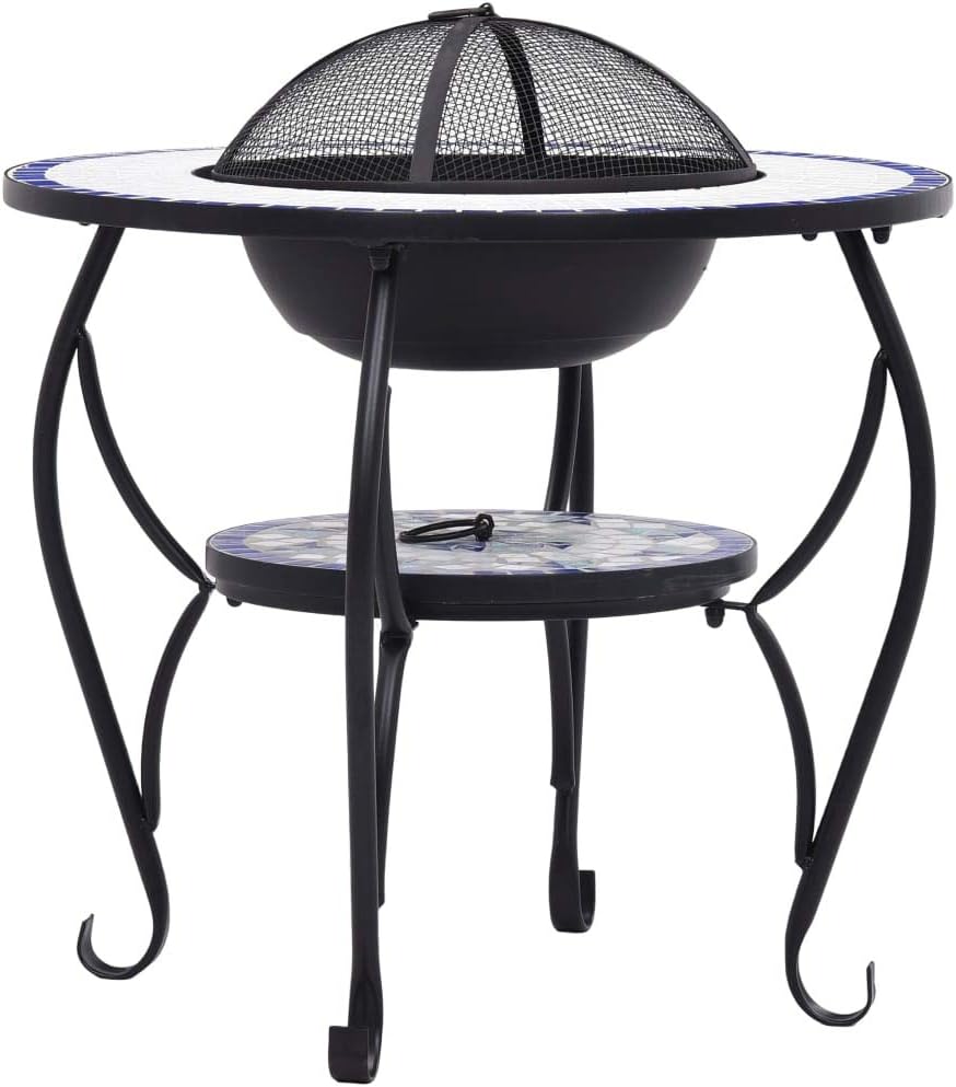 Multifunctional Fire Pit Table, Patio Decorative Table, Round Table for Camping, Outdoor Heating, Campfire and Picnic,Mosaic Fire Pit Table Blue and White 26.8