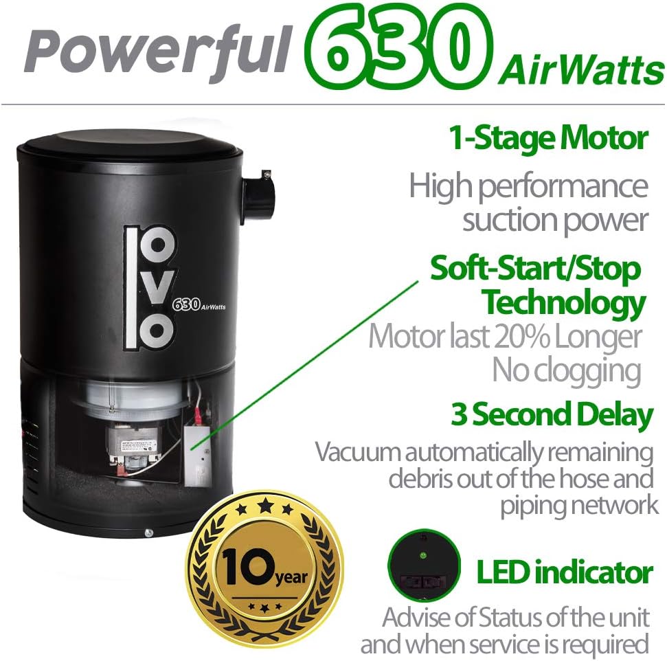 OVO Compact and Powerful Central Vacuum System, Condo Vac, 630 Airwatts, Use with Disposable Bag, 18L or 4.75Gal, 30 ft Deluxe Accessory Kit Included