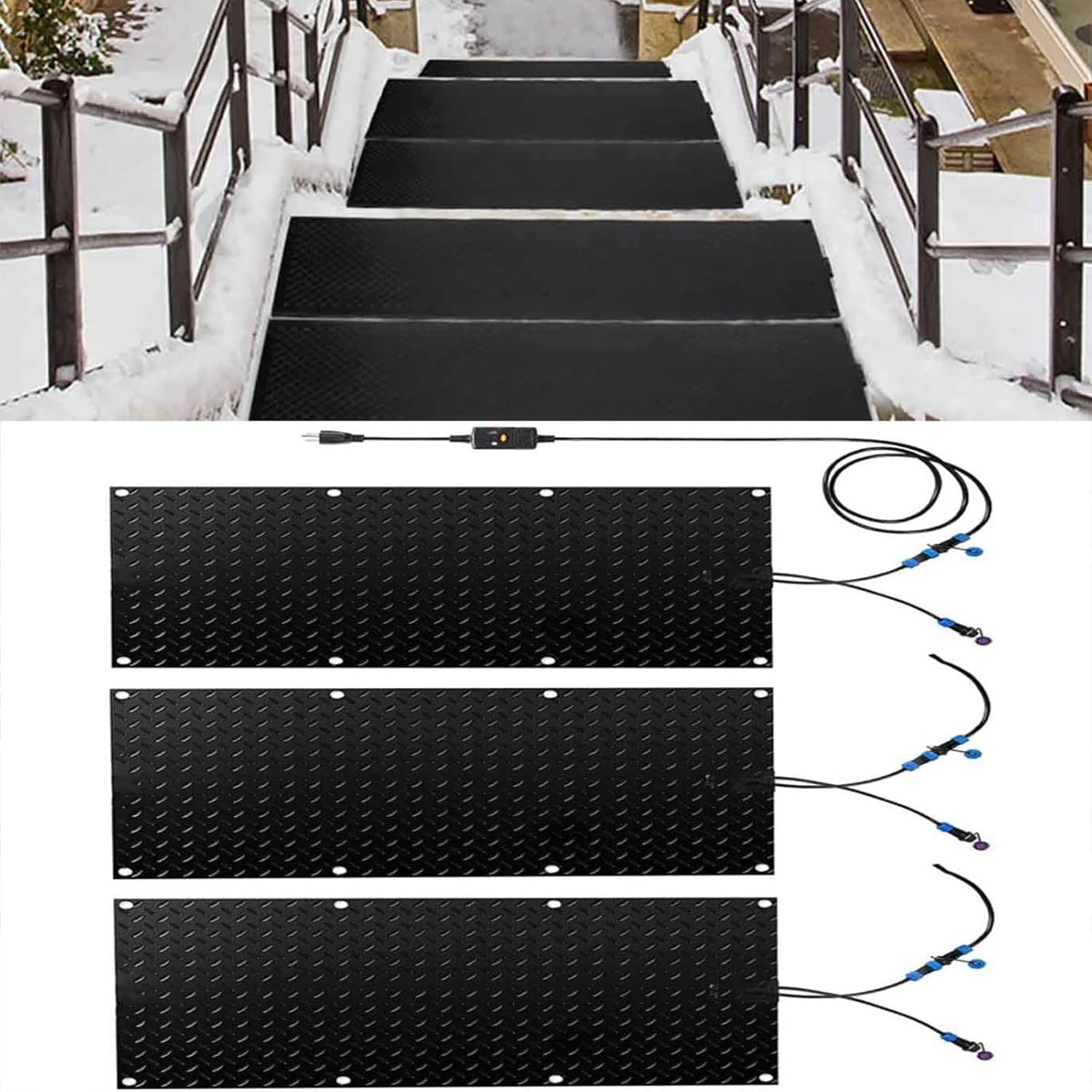 Snow Melting Walkway Mat, 1/2/3/4/5 pcs Non Slip Rubber Heated Mat with Power Cord, Winter Snow and Ice Melting Mat for Outdoor Stairs,Steps,Doorways,Walkways,Drive(3 Pcs-10x48in/(25.4x120cm))