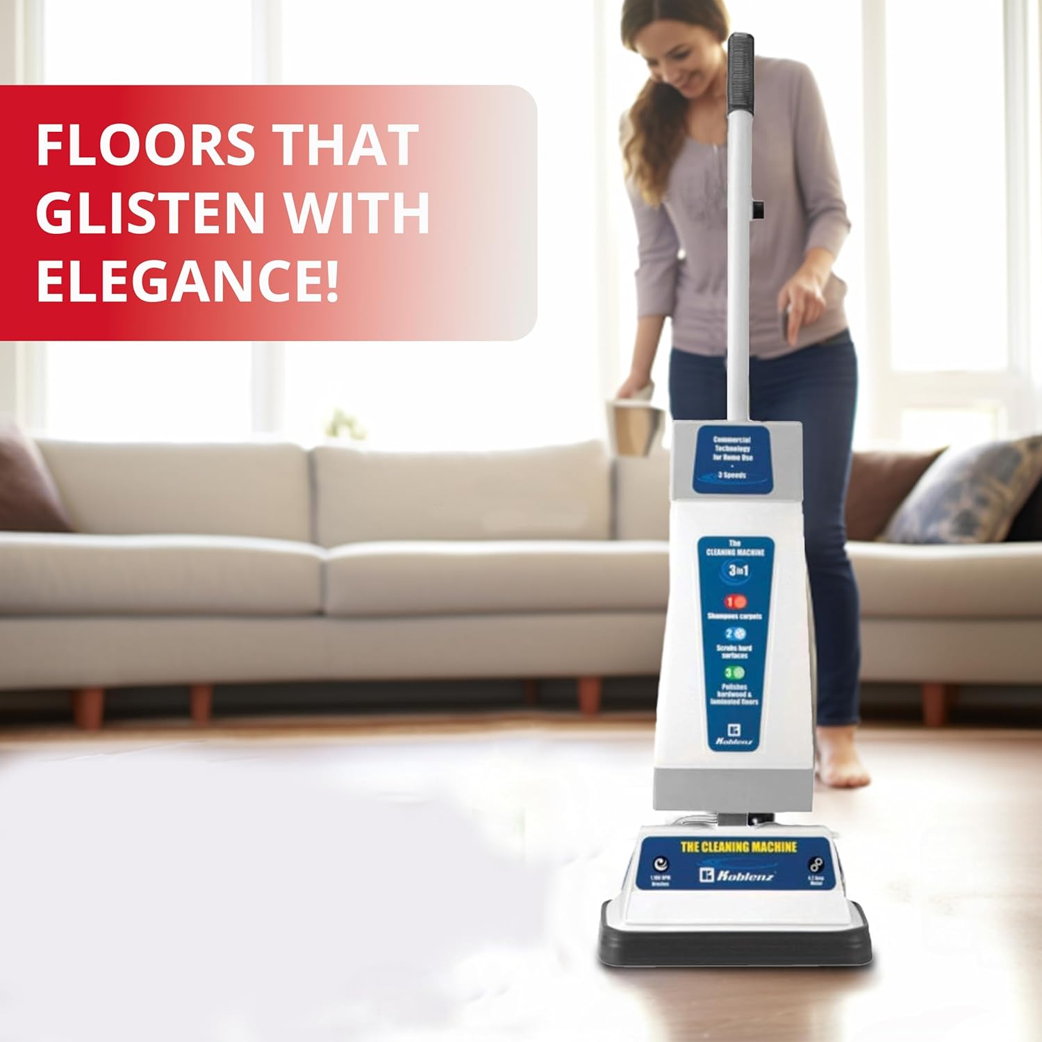 Koblenz Floor Shampooer and Polisher, Hard Floor Cleaner, Carpet Cleaning Machine with Scrubbing Brushes, Polishing Pads, and Carpet Shampoo, 3 Speeds, Blue/Gray (P-820 BA)