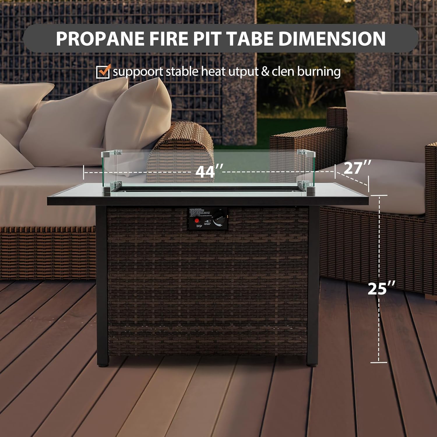 Outdoor Fire Pit 50,000 BTU Propane Gas Fire Table with Lid Fireplace with Glass Wind Guard Wicker Base for Garden, Patio, Backyard, 44