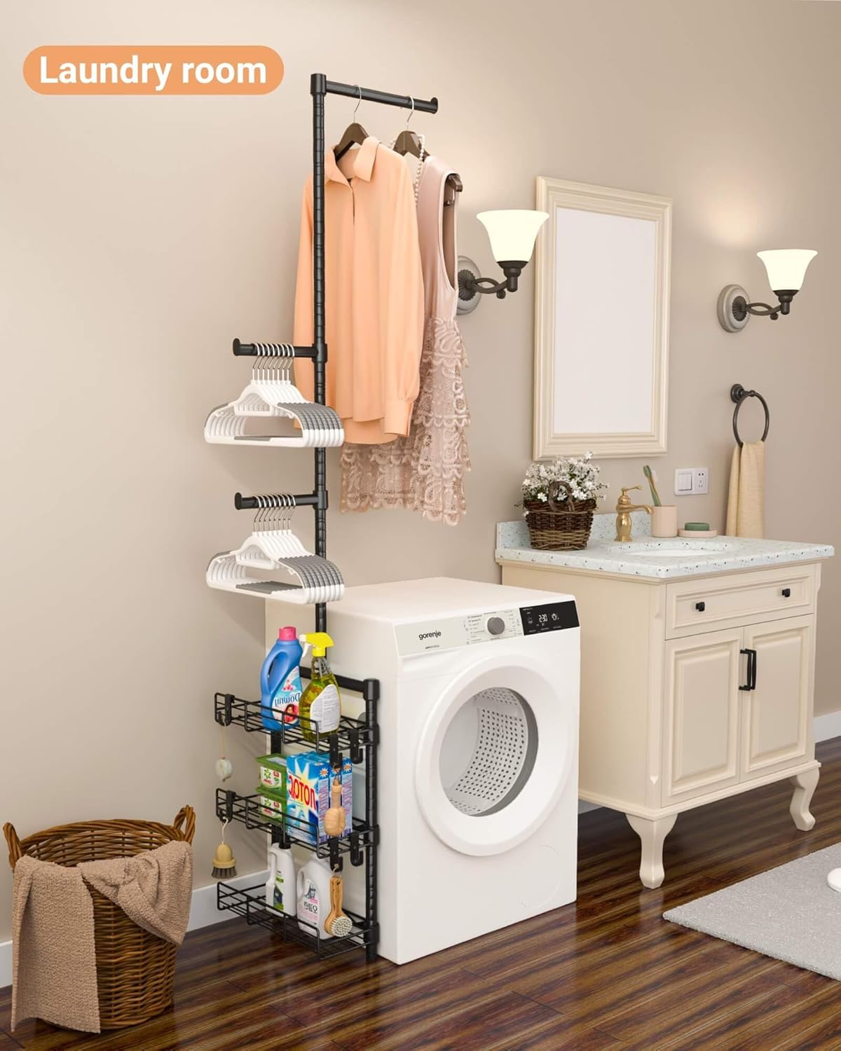 Laundry Room Shelves - Over The Washer and Dryer Storage Shelf, Laundry Hanging Rod with Basket and Hanger Organizer for Laundry Room Organization