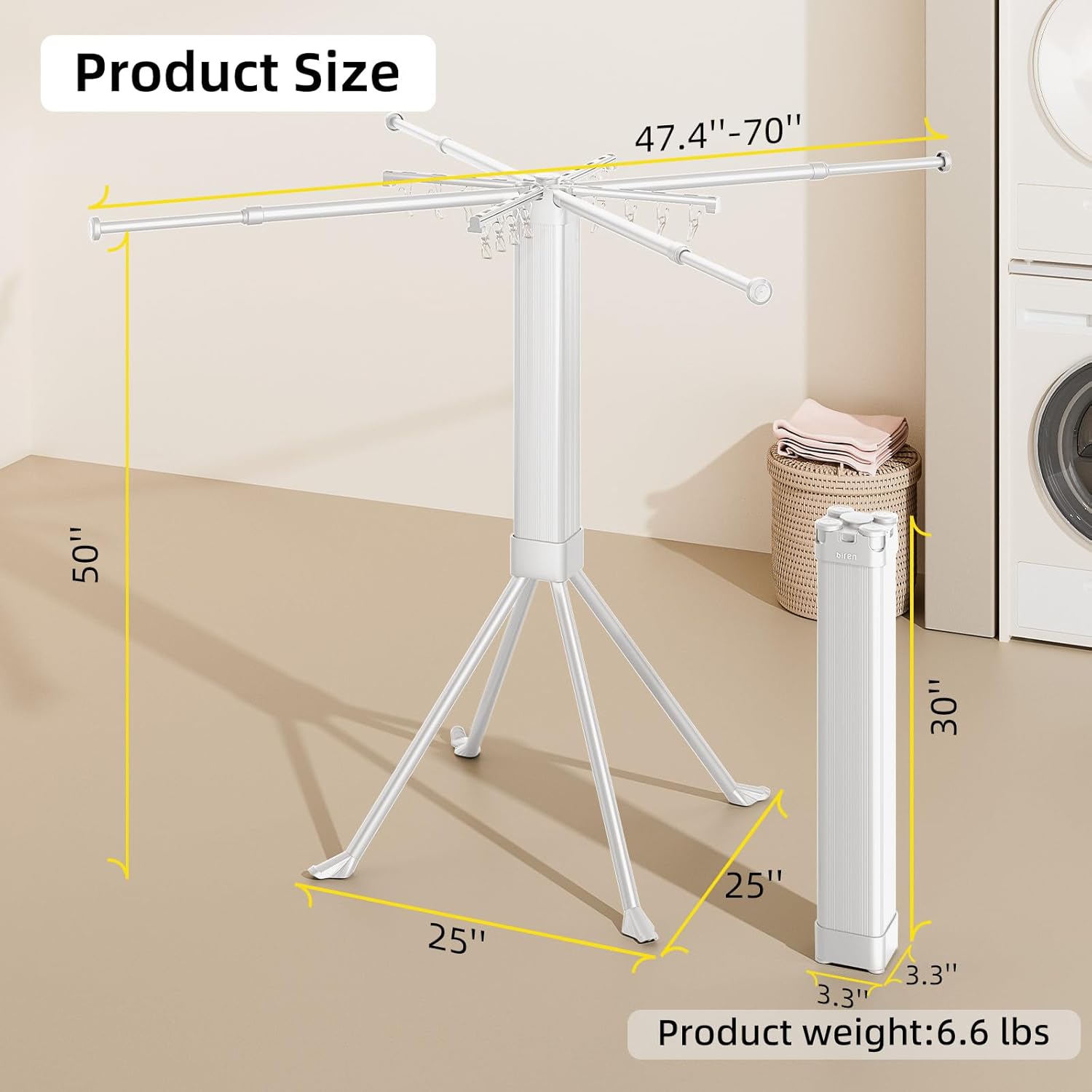 BIREN Clothes Drying Rack Foldable Extending Laundry Rack with 16 Clips Collapsible Clothing Rack Space-Saving Clothing Racks for Hanging Clothes, Indoor, Camping, Balcony, Outdoor