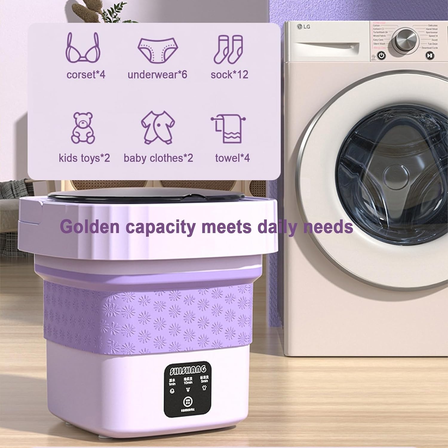 THAMBA Foldable Mini Washing Machine, Small Portable Washing Machine with 3 Modes Deep Cleaning with Blue Light and with Detachable Drain Basket Best Gift Choice (Color : Green)