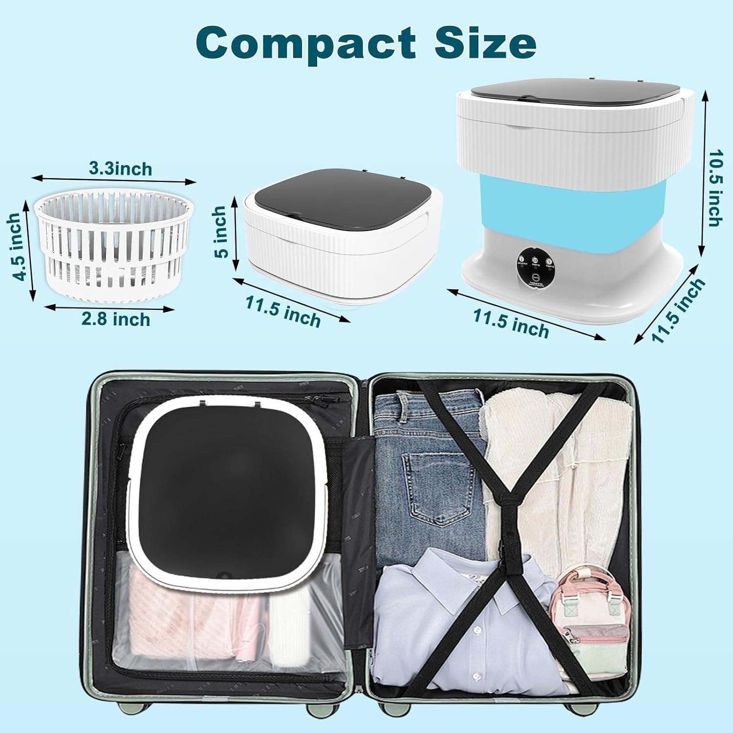 Portable Mini Washing Machine, 10L Foldable Washer for Deep Cleaning Baby Clothes, Underwear & Small Items, Perfect for Apartments, Dorms, Hotels & Travel EN-926 (Khaki)