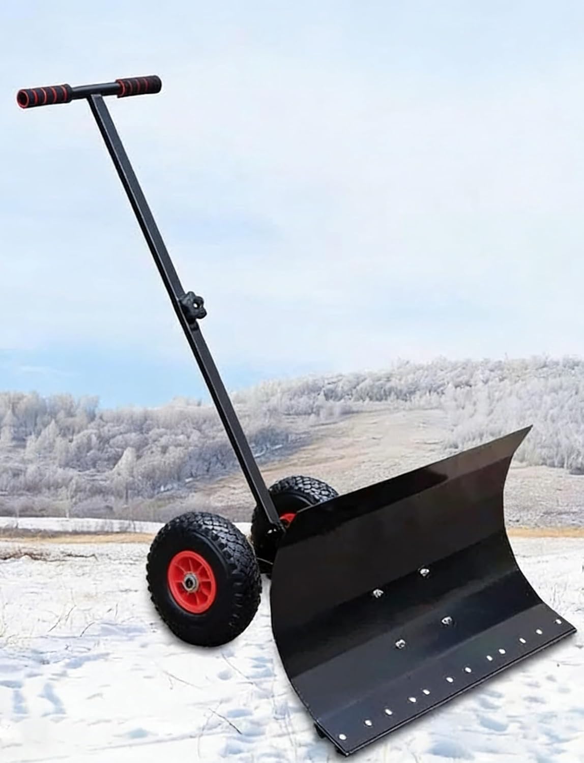 Snow Shovel with Wheels,Steel Snow Pusher,5 Level Adjustable Handle, 29