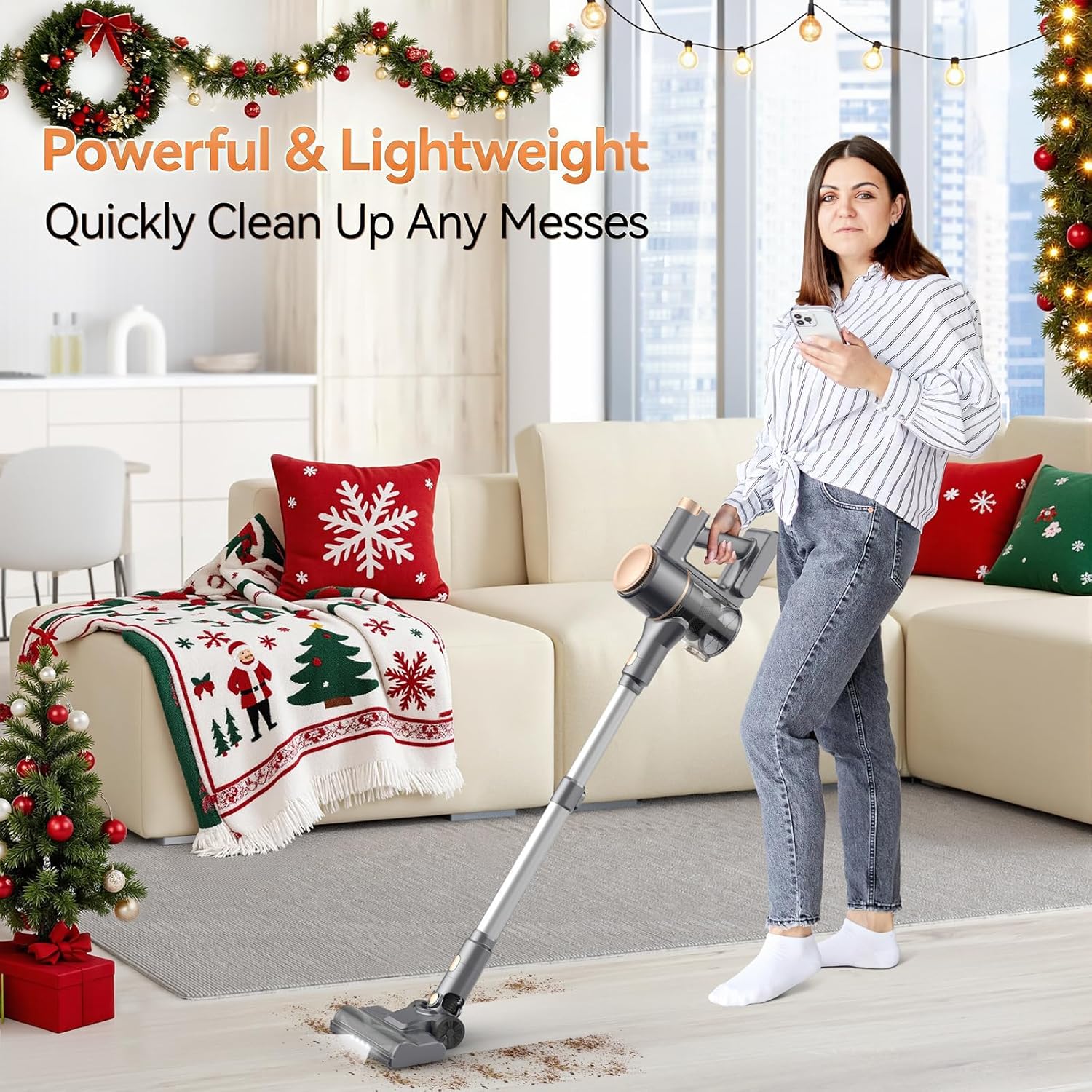 N8 Cordless Vacuum Cleaner, Lightweight Stick Vacuum with Powerful Suction, 2200mAh Battery, 40 Mins Runtime, Self-Standing, Rechargeable Vacuum Cleaners for Home Hardwood Floor Carpet Pet Hair (Gold)