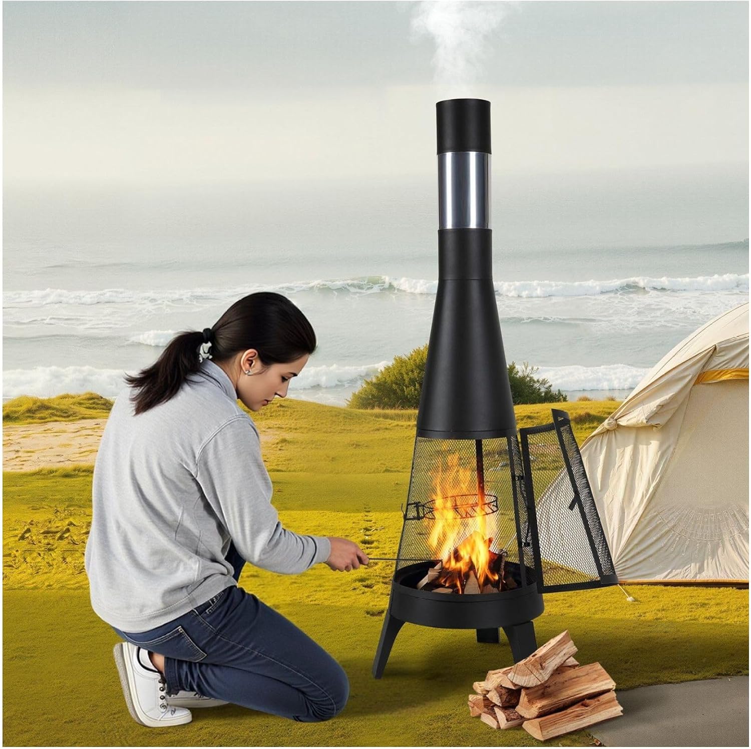 20 Inch Chiminea Wood Burning Firepit, Outdoor Conical Fireplace with Grill, Chimney Lid & Cover