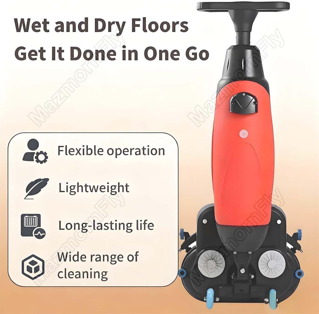 Professional Floor Scrubber, Electric Carpet Spin Cleaner Polisher Buffer, 43 cm Cleaning Width, 1200 m²/h Cleaning Capacity, 240 RPM Deep Cleaning, Dual Brushes Red