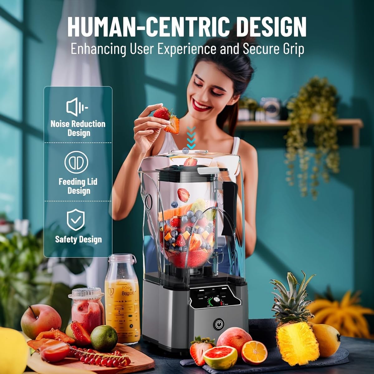 Professional Commercial Blender With Shield Quiet Sound Enclosure 2200W Industries Strong and Quiet Professional-Grade Power, Self-Cleaning,Grey