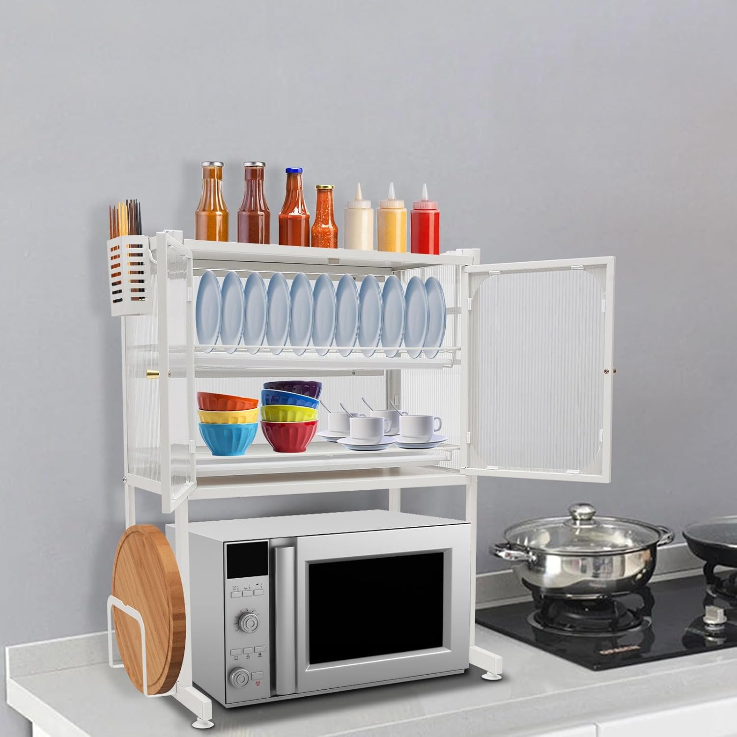 Tabletop Kitchen Storage Rack, 3-Tier Vertical Microwave Oven Rack with Cabinet, 22.4x14.5x29.9in Space-Saving Kitchen Counter Shelf, Extractable Draining Trays, Visualized Doors, Wide Baffle (White)
