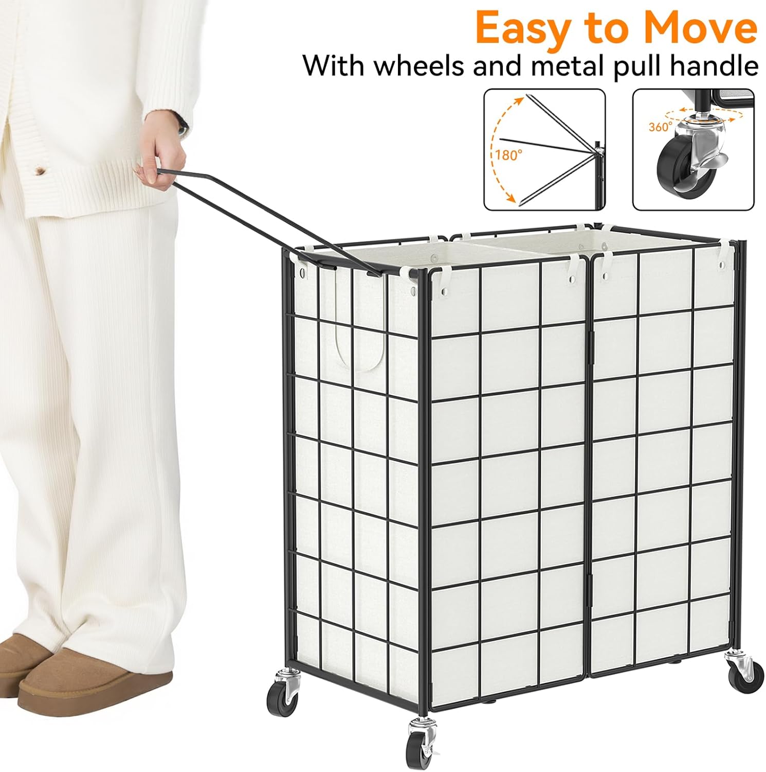 WOWLIVE Double Laundry Hamper with Wheels,Metal Wire Frame Rolling Laundry Basket with 2 Removable bags,120L Dirty Clothes Hamper Organizer Dorm Room Storage for Bedroom,Bathroom,Black and White