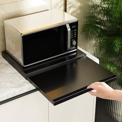 Microwave Oven Sliding Tray, Pull Out Countertop Storage Shelf Organizer with Slide Drawer Carbon Steel Appliance Stand for Kitchen Space Saving (Black)