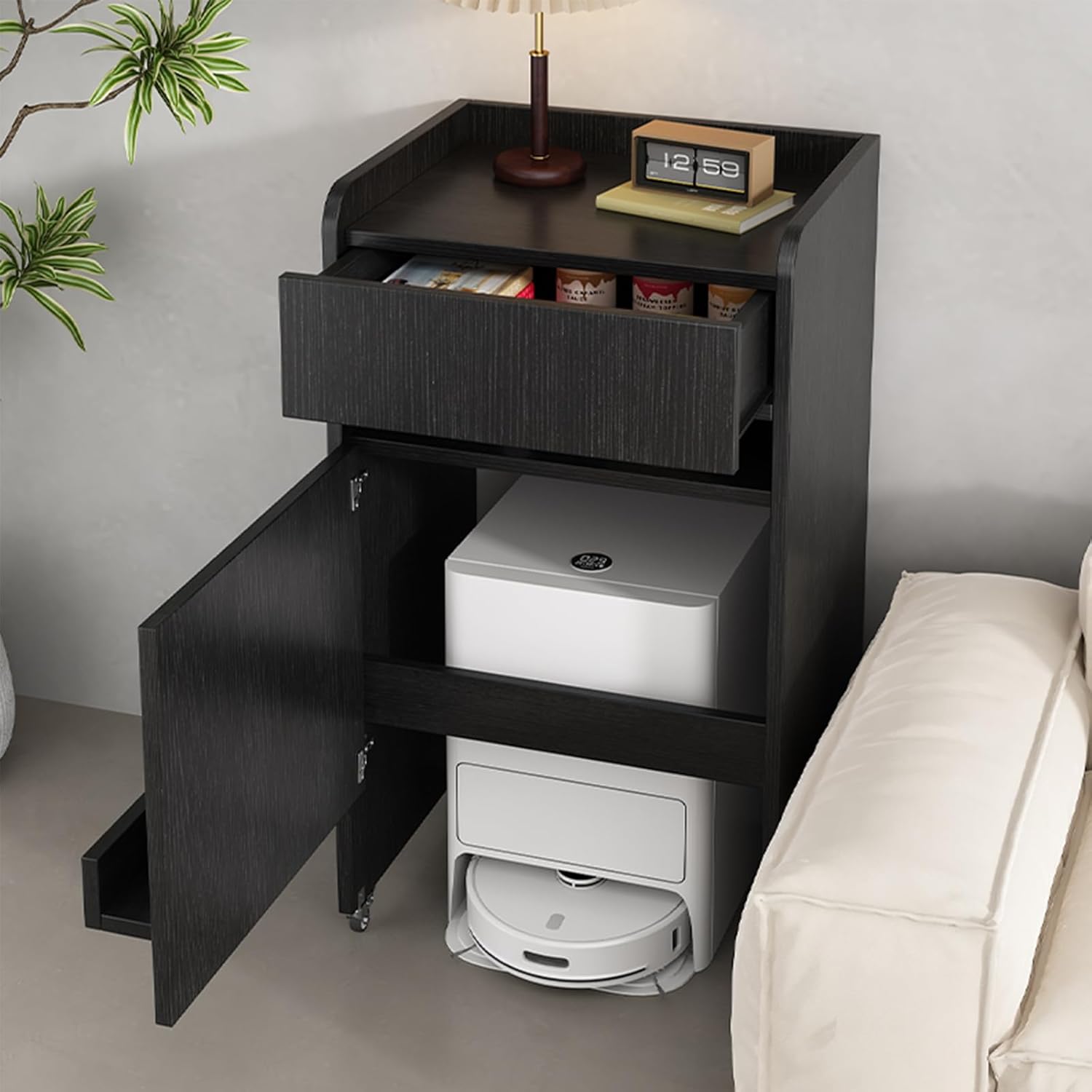 JSWHYBD Robot Vacuum Cabinet with Wheels and Drawer, Wooden Storage Cabinet for Vacuum Cleaner, Mobile Side Table for Living Room, Bedroom & Kitchen, 20.1