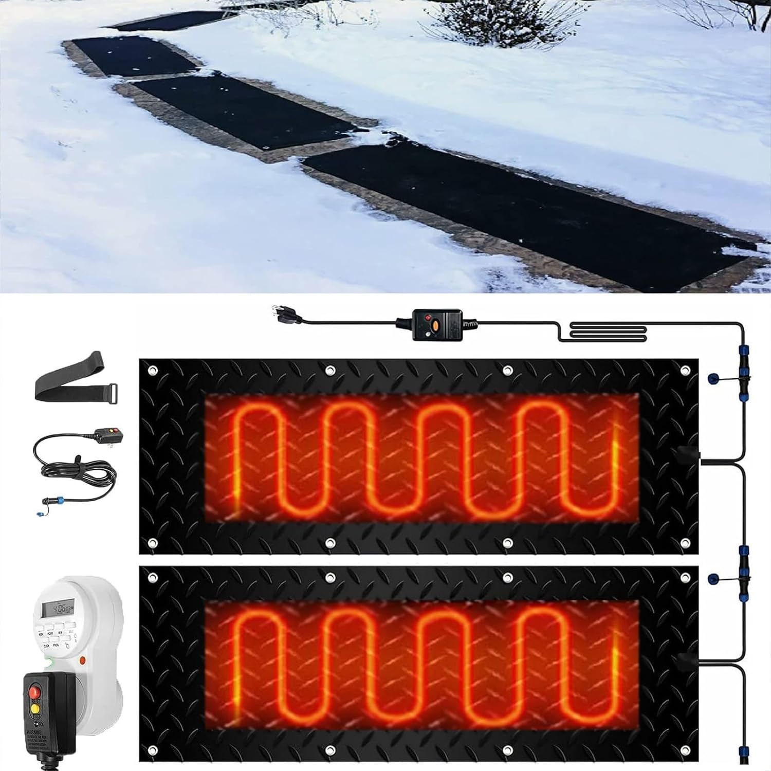 Heated Snow Melting Mats with Timer, 1/2/3/4/5 Pcs Outdoor Slip Proof Ice Heated Rubber Mat for Driveway Walkway Decks and Sidewalks Connection with 9.84 ft Power C(2 Pcs-12x36in/(30x90cm))
