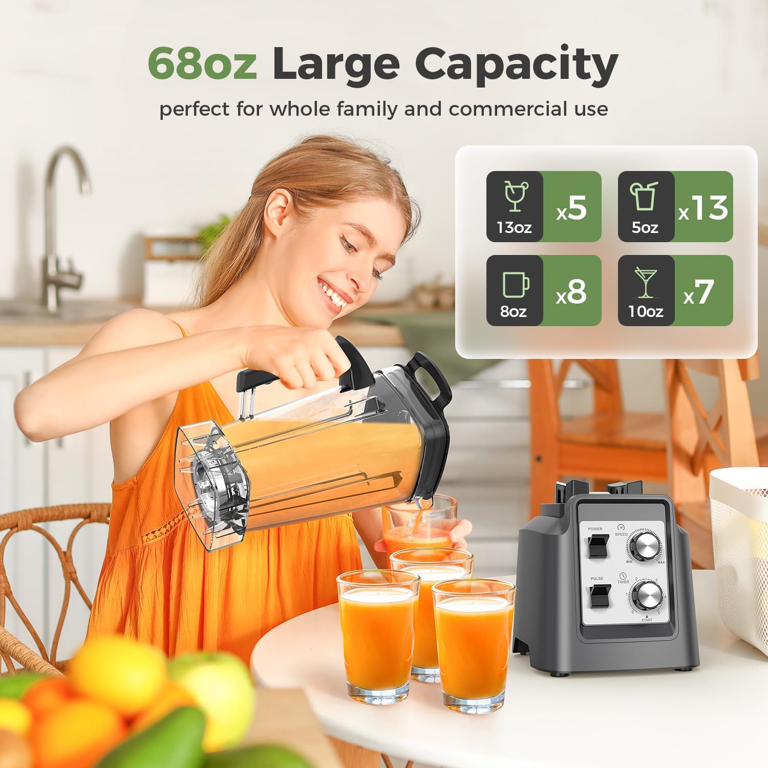 Blenders for Kitchen, Smoothie Blender with Timer - Countertop Blenders with 68oz Dishwasher-Safe Pitcher, Ice Crushing & Frozen Fruit, Silver