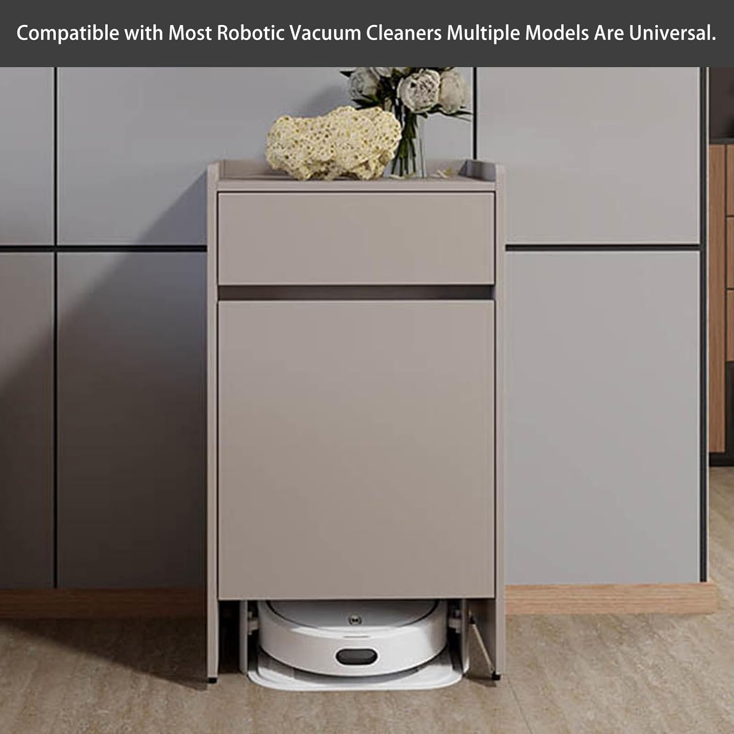 Mobile Robot Vacuum Storage Side Table Multi Tier End Hidden Cabinet with Wheels Robot Shelf Space Saving for Living Room Kitchen Over(Natural)