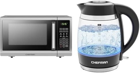 Chefman 0.9 Cu. Ft. 900W Microwave with 6 Presets, 1.8L 1500W Electric Kettle with Rapid Boil Technology and Blue LED Lights