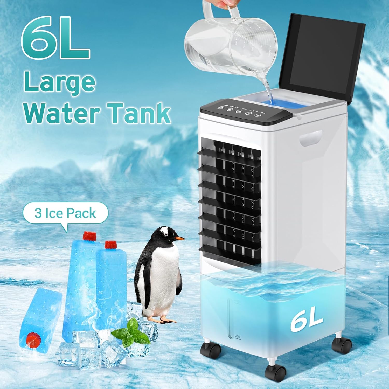 Portable Air Conditioners, 2025 Upgraded 3-in-1 Portable AC with Remote Control, Fast Cooling Evaporative Air Cooler, 3 Speeds, 7H Timer, Air Conditioner for Bedroom, Office, Kitchen (Black)