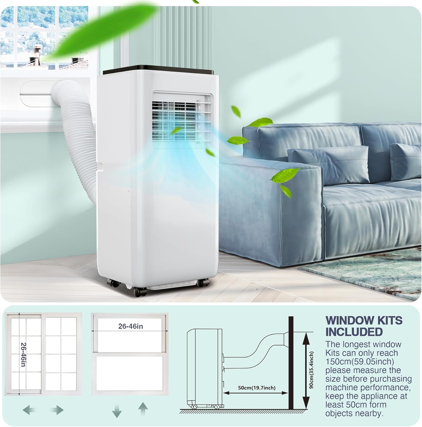 10000 BTU Portable Air Conditioner – 3-In-1 Ultra-Quiet Cooling, Dehumidifier & Fan for Rooms Up to 500 Sq. Ft. – Remote Control, Sleep Mode, 24H Timer & Windows Kit