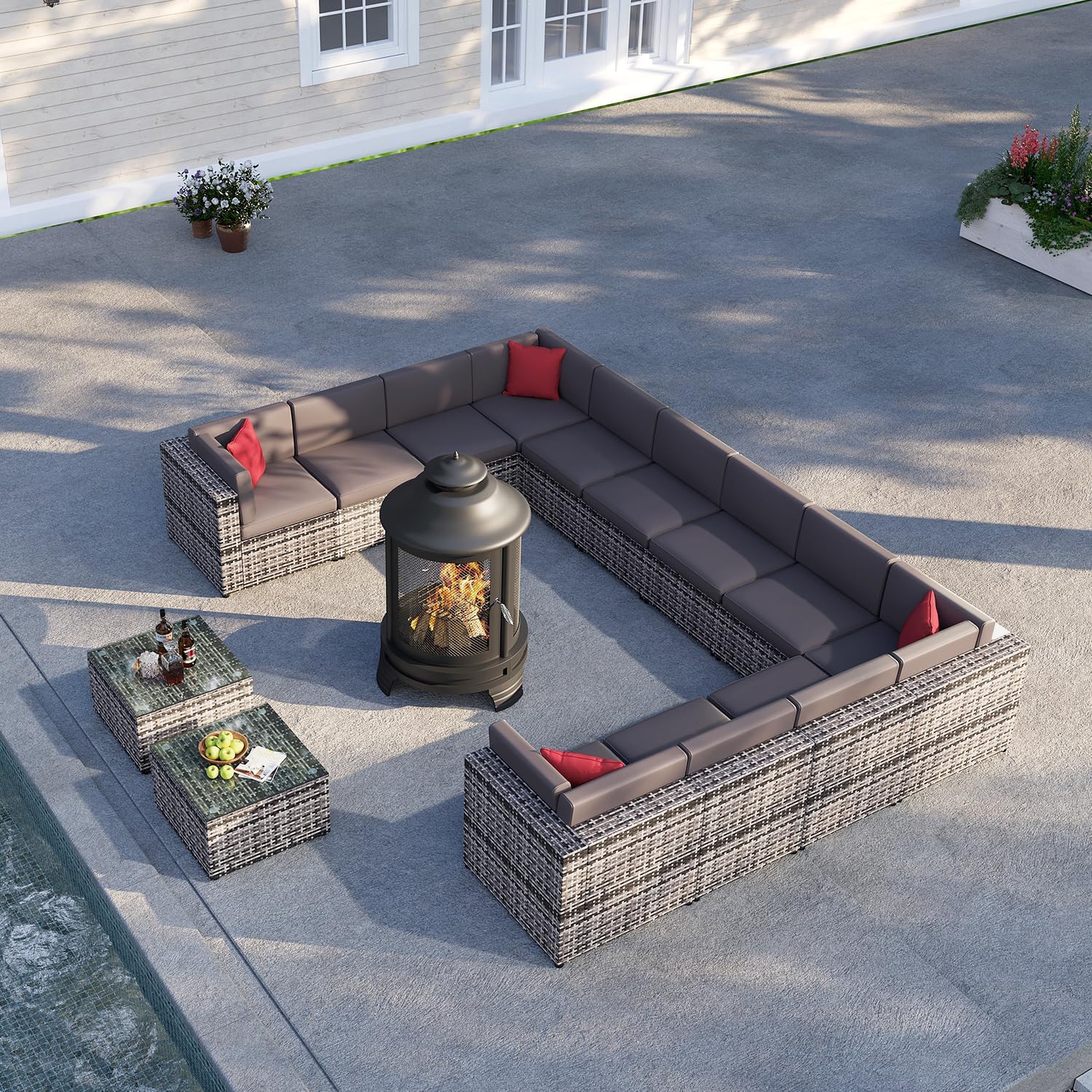 oneinmil 15-Piece Outdoor Furniture Set, with Large Fire Pit Chiminea, 2 in 1 Fire Pit for Outdoor, Wicker Rattan Sectional Conversation Set, and Coffee Table
