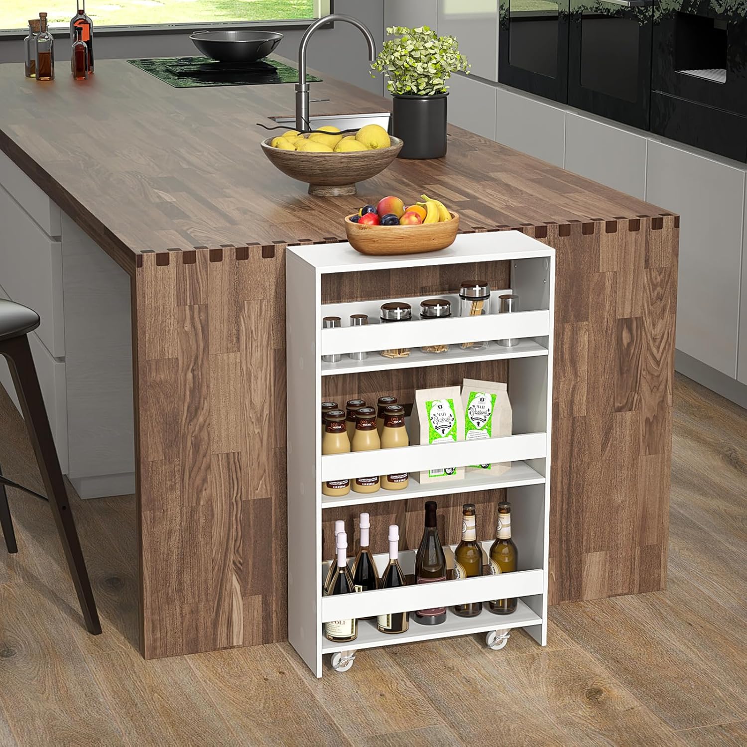 Giantex 4 Tier Rolling Slim Storage Cart, 8” Narrow Slide Out Kitchen Cart w/Handle & Open Shelves, Space-Saving Compact Mobile Utility Trolley for Small Space Laundry Room (White)