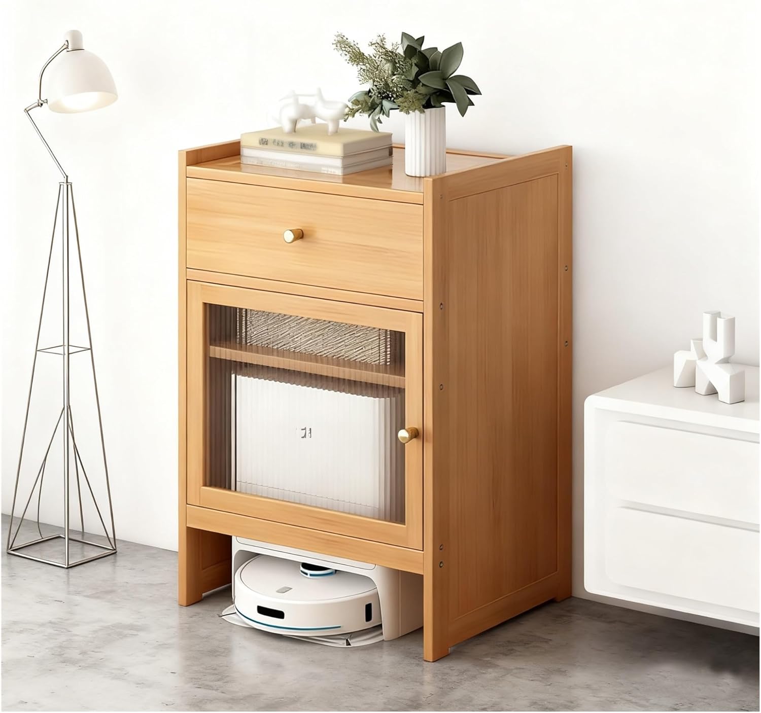Robot Vacuum Storage Cabinet, Robot Vacuum Hidden Storage Cabinet Accent Side Tables for Living Room, Home Office, Kitchen, Easy to Clean(Natural)