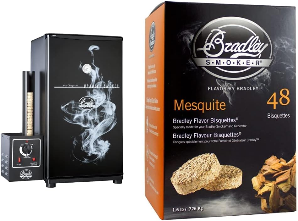 Bradley Smoker BS611 4-Rack Outdoor Electric Smoker, Natural Draft Smoker & Bisquettes for Grilling and BBQ, Mesquite Special Blend, 48 Pack