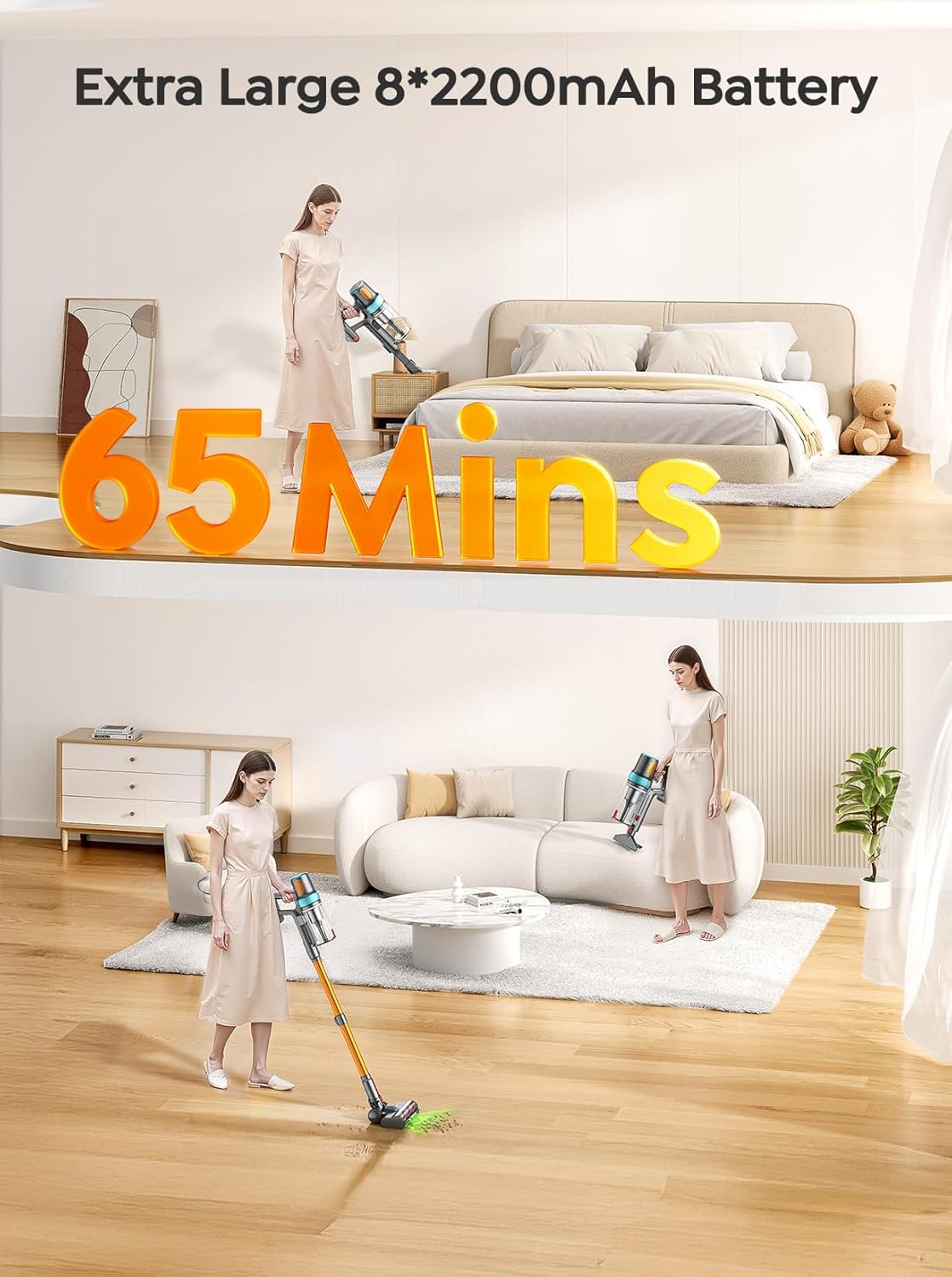 Cordless Vacuum Cleaner, 600W 50KPA 65Mins Vacuum Cleaners for Home, Upgraded Stick Vacuum with 3.3Ft Extendable Hose, LED Touch Screen & Wall Charging Station for Hard Floor Carpet Car Pet