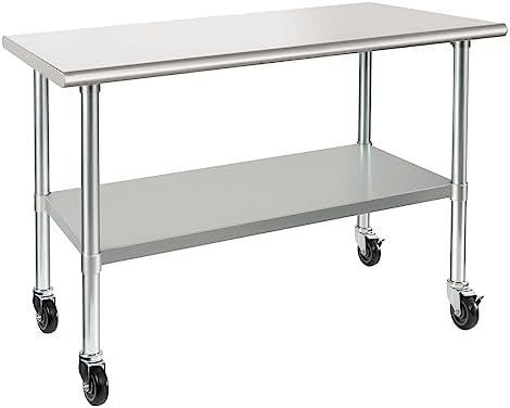 HARDURA Stainless Steel Table with Wheels 24 x 48 Inches Casters NSF Heavy Duty Commercial Work & Prep Table with Undershelf and Galvanized Legs for Restaurant Kitchen Bar and Hotel Garage
