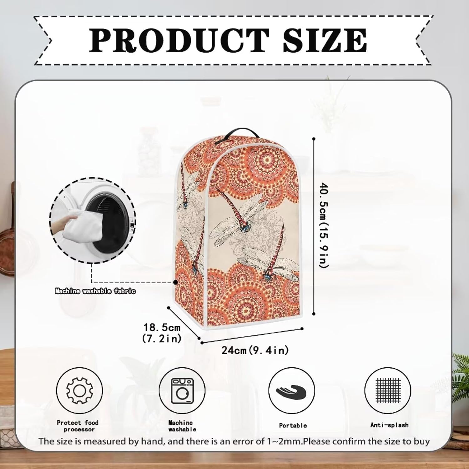 TODIYADDU Dragonfly Floral Blender Cover Orange Mandala Stand Mixer Cover with Top Handle Personalized Coffee Machine Cover Food Processor Dust Cover Lightweight Blender Dust Cover Decorations.