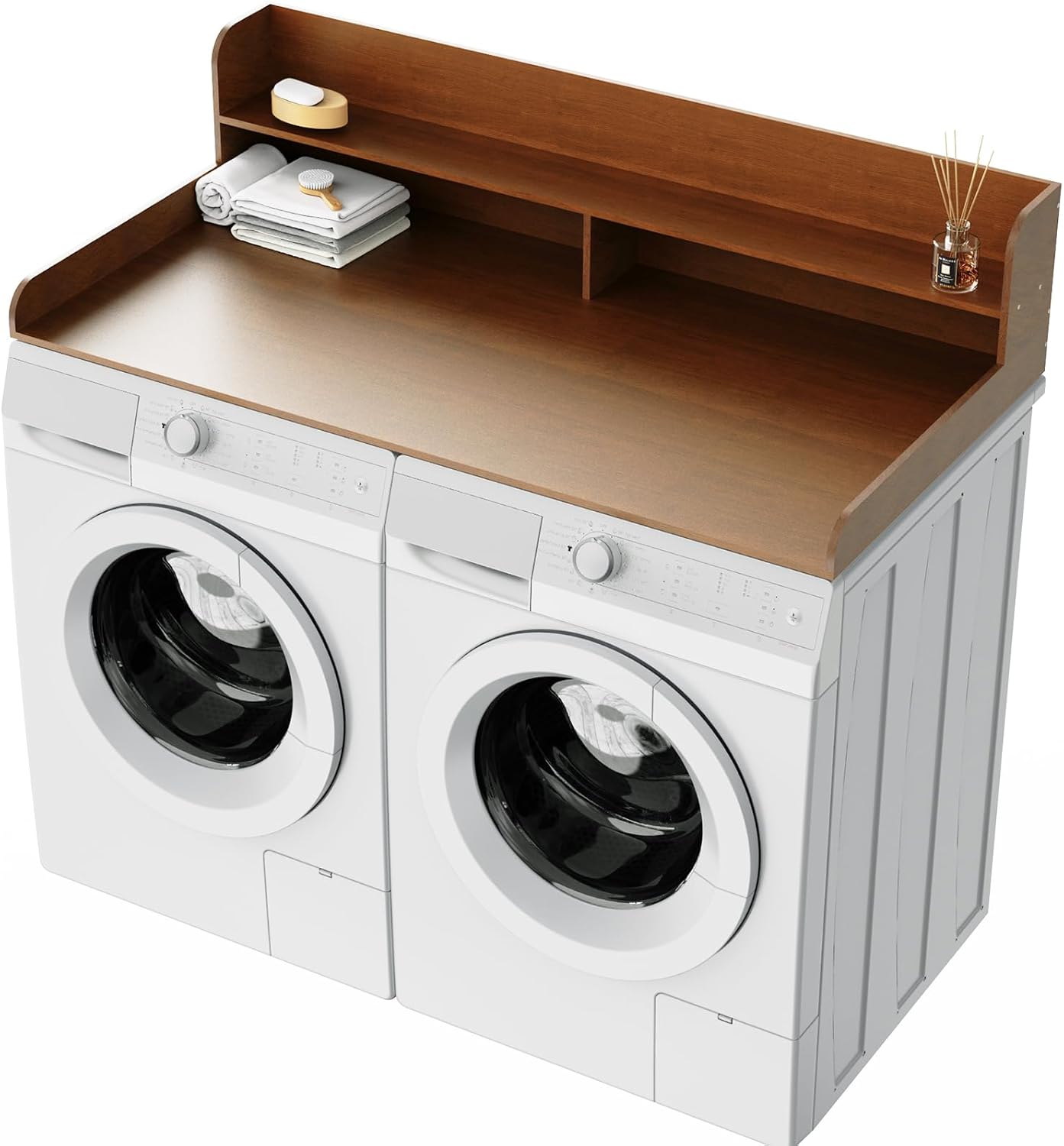 Fabuday 2-Tier Wood Washer Dryer Countertop with Shelf - Two Layers Laundry Topper for Storage & Organization, 54''x27.5''x11.9'' Counter Table with Edge Over Washing & Dryer, Satin Walnut Finish