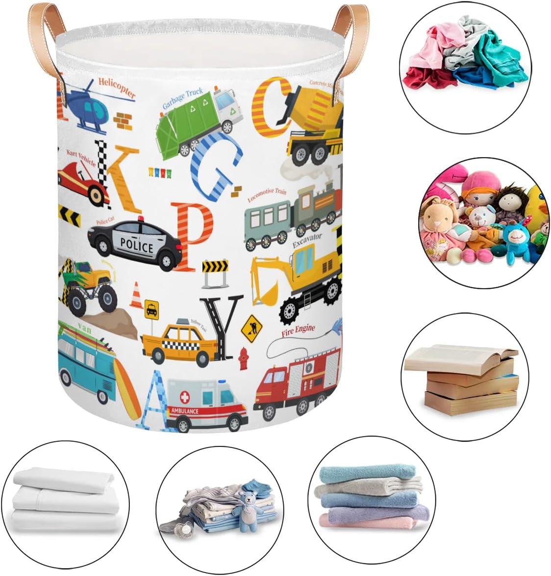 Alphabet Car Kids Laundry Basket, Cartoon Vehicles Nursery Laundry Hamper Foldable Storage Bin Toy Basket Dirty Clothes Storage Basket with Handles Organizer for Bedroom Bathroom