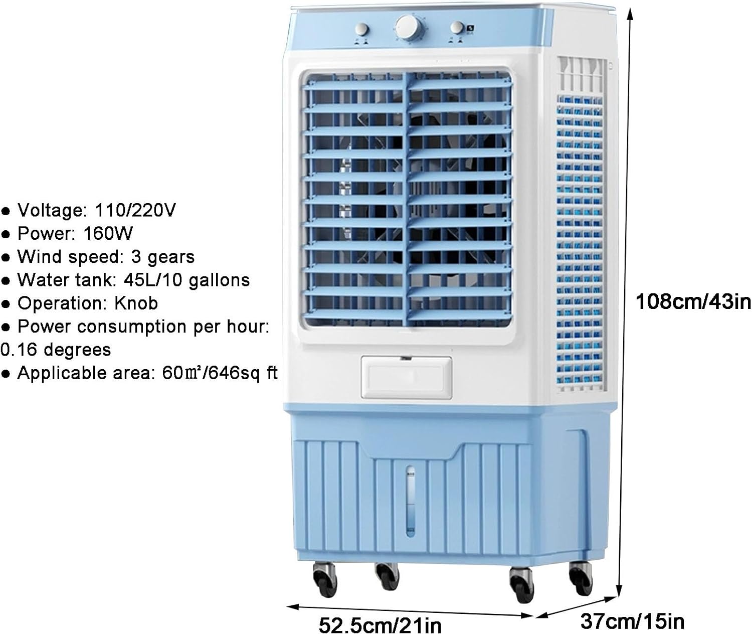 Portable Evaporative Air Cooler, Swamp Cooler, Portable Air Conditioner with 10 Gallon, Knob Control, Low Noise, 4 Ice Packs & 3 Speeds