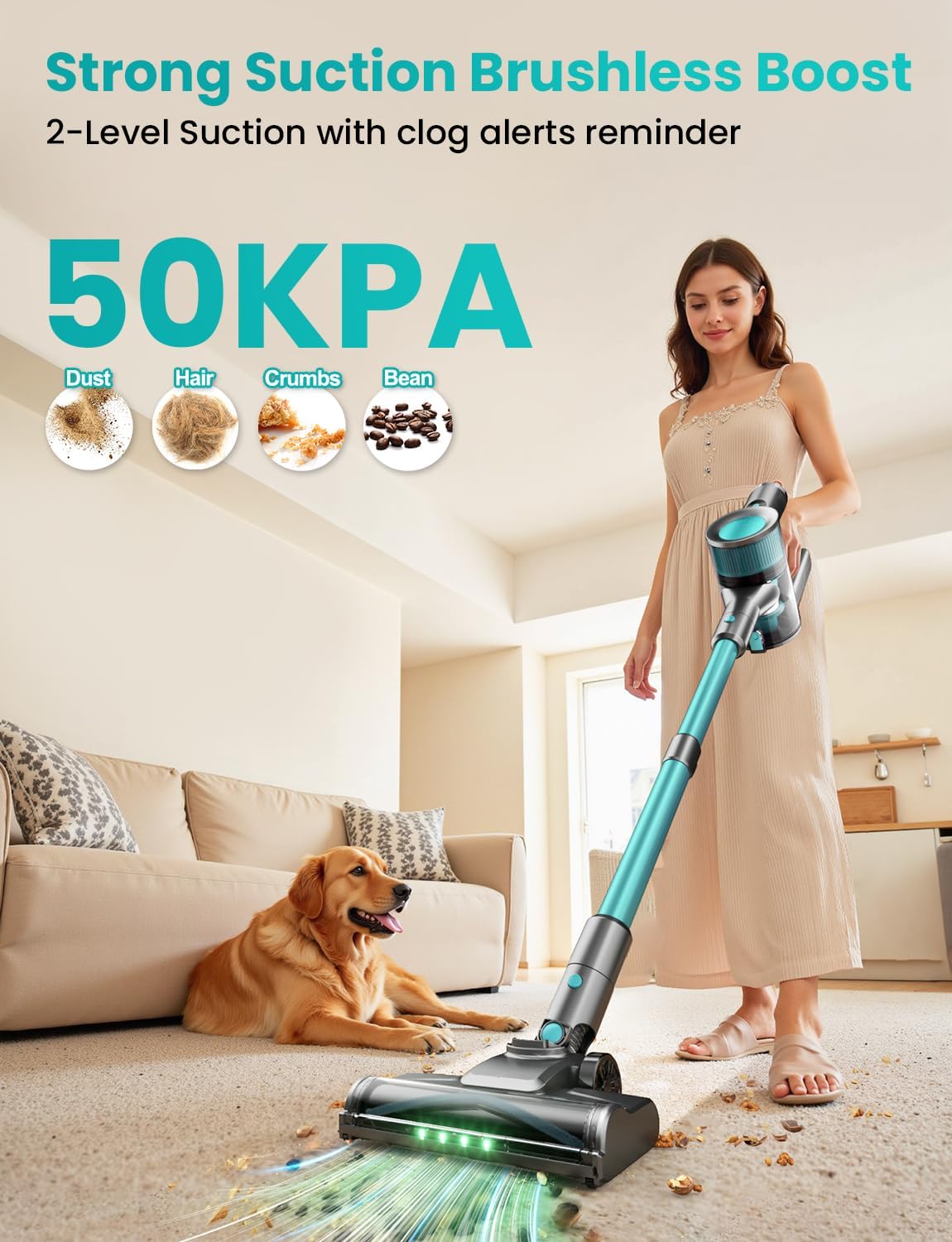 Dzaki Cordless Vacuum Cleaner, Stick Vacuum with Smart LED Display, 50KPA 55Mins Vacuum Cleaners for Home, Powerful Suction, Anti-Tangled Lightweight Rechargeable Vac for Pet Hair, Carpet