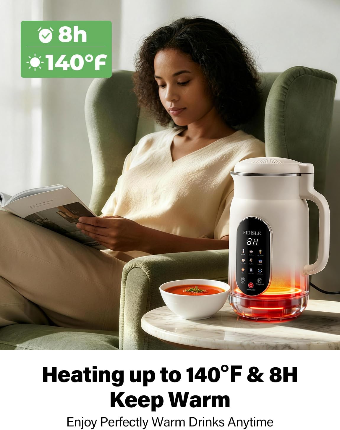 51oz Nut Milk Maker Machine, 10-in-1 Soup Maker with 140℉ Heating & 8H Keep Warm, Touch Screen Plant-Based Milk Maker for Almond, Oat & Soy, 12H Delay Start & Self-Clean, Noise Reduction