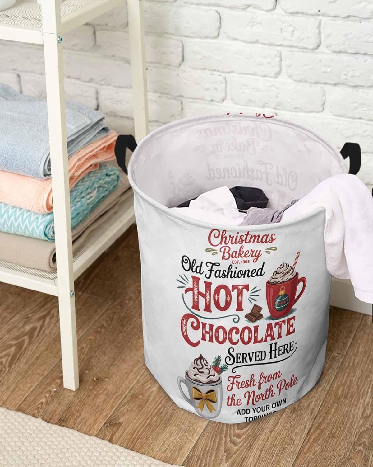 Collapsible Laundry Basket - 16.5 x 17 In Christmas Storage Bin Laundry Hamper with Handles, Hot Coco Merry Christmas Waterproof Clothes Baskets for Bedroom/Kids Room