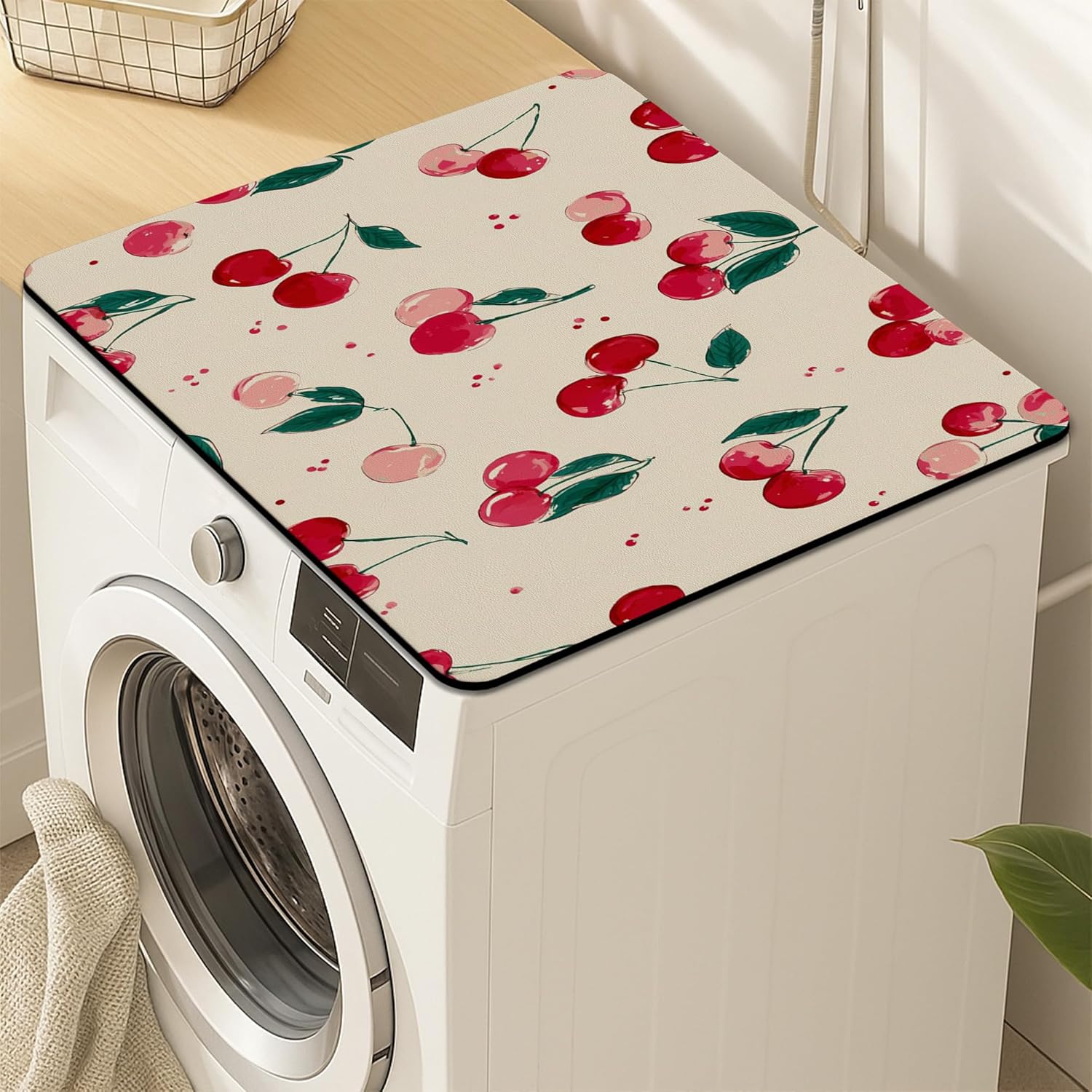 Cherries Washer Dryer Top Protector Mat, Vintage Cherries Blossom Laundry Machine Covers, Summer Waterproof Rubber Anti-slip Mats for Laundry Room 24x24 Inch