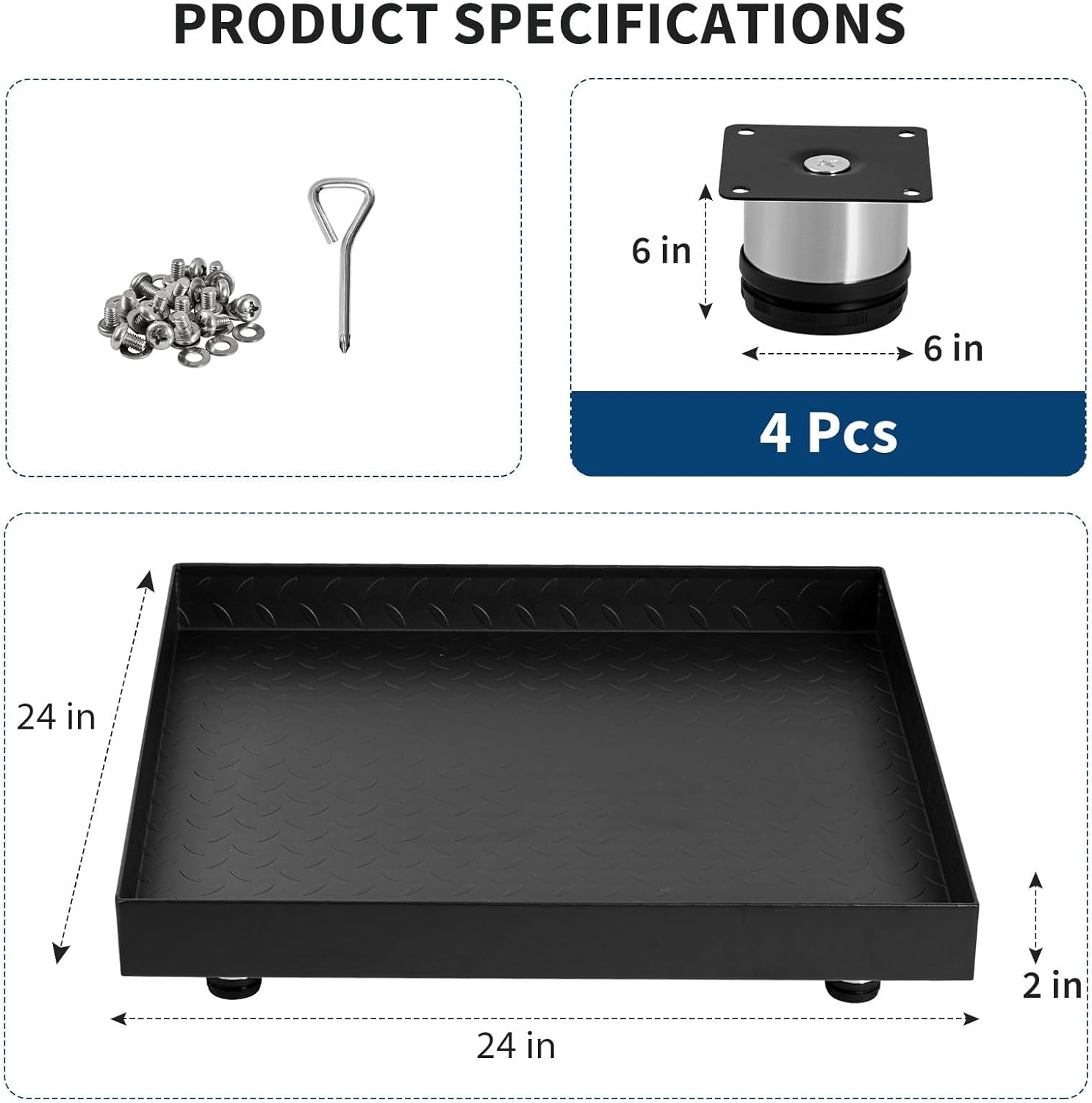 24x24 Inch Washing Machine Pan, Heavy-Duty Carbon Steel Rust-Proof Leak Protection Tray with 4 Anti-Vibration Feet, Floor Damage Prevention, Washer Drip Tray (without Drain Hole)
