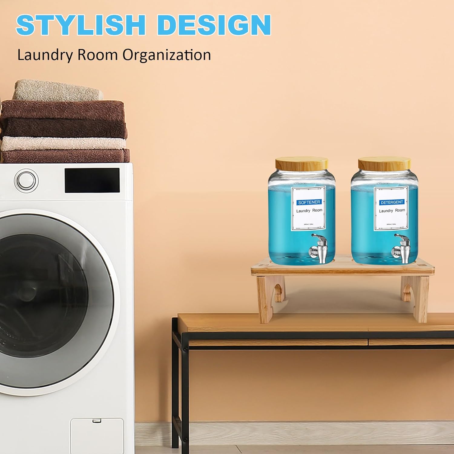 Laundry Detergent Dispenser,with Bamboo Stand 2 Sets 1 Gallon Glass Liquid Laundry Detergent Dispenser,for Bleach, Fabric Softener,Laundry Soap Dispenser,for Laundry Room Organization and Storage