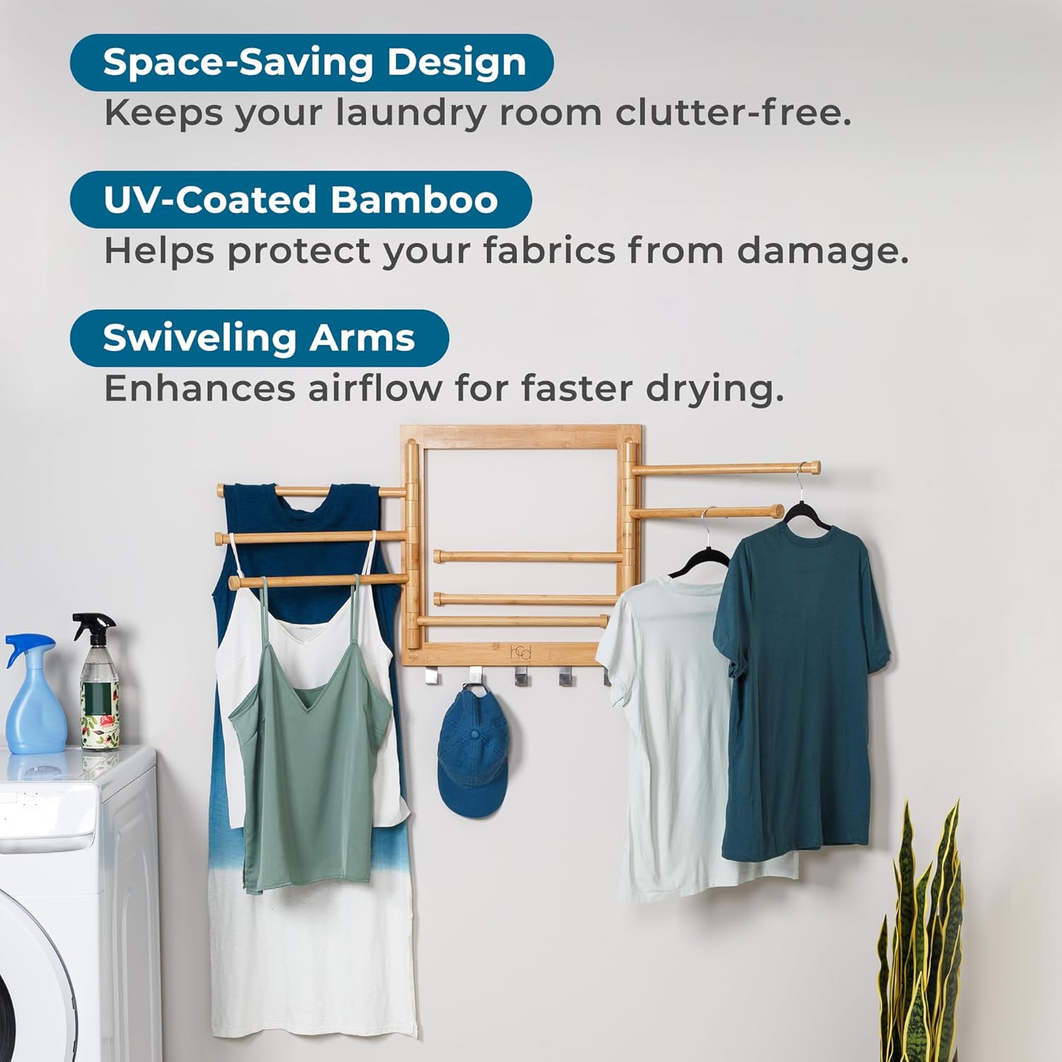 Honey-Can-Do Bamboo Swivel Wall Mount Drying Rack- Versatile Clothes Drying Rack and Durable Laundry Rack, Wall Drying Rack for Indoor/Outdoor Use, 80 lbs Capacity, Natural