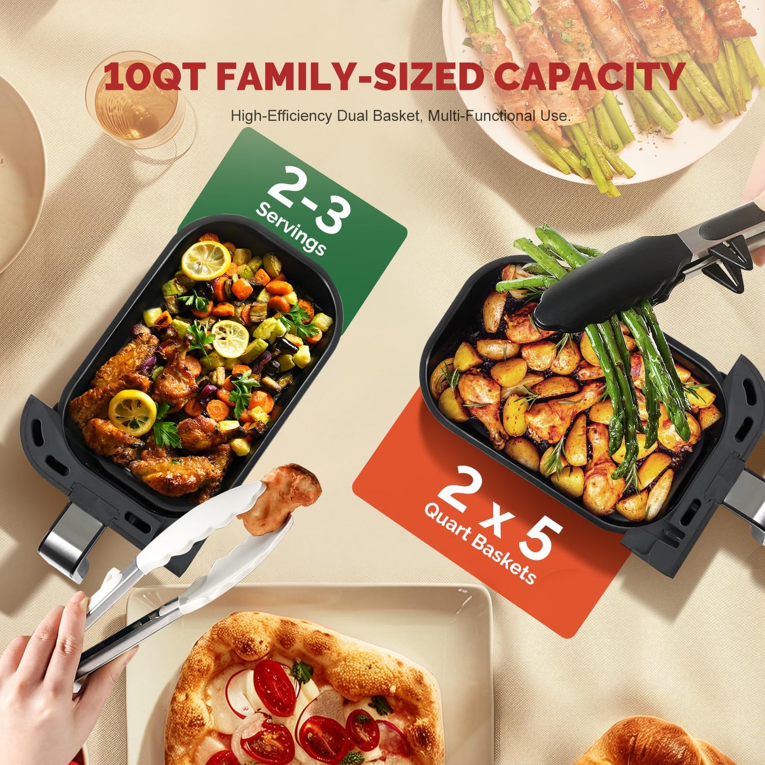 Upgraded Large 10QT Dual Air Fryer, Digital Touchscreen, Smart Sync Cook & Finish Function to Air Frying, Reheat, Bake, Double Baskets for Fresh Meals, Snack for Family and Children