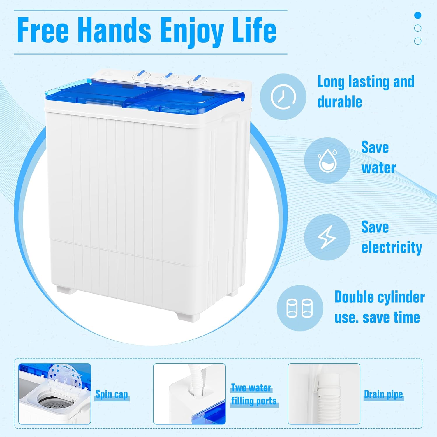 Greenvelly Portable Washing Machine, 28 Lbs Capacity Twin Tub Washing Machine, 18lbs Washer and 10lbs Spinner Combo, Compact Laundry Washer for Apartment,Camping, RVs and Dorms, Blue+White
