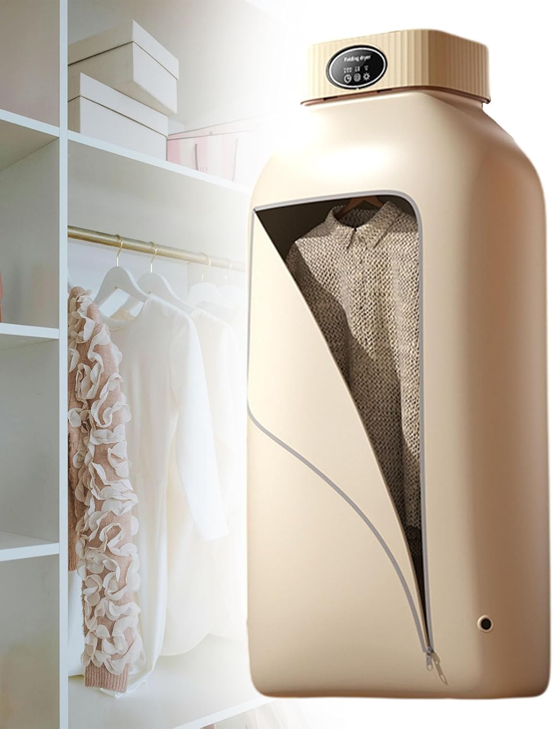 Small Clothes Dryer, Foldaway Clothes Dryer with Dryer Bag, Timed Drying, Two Gears Adjustable, Suitable for Hotels, Apartments, Rvs, Travel, Dormitories, Wardrobes,Beige