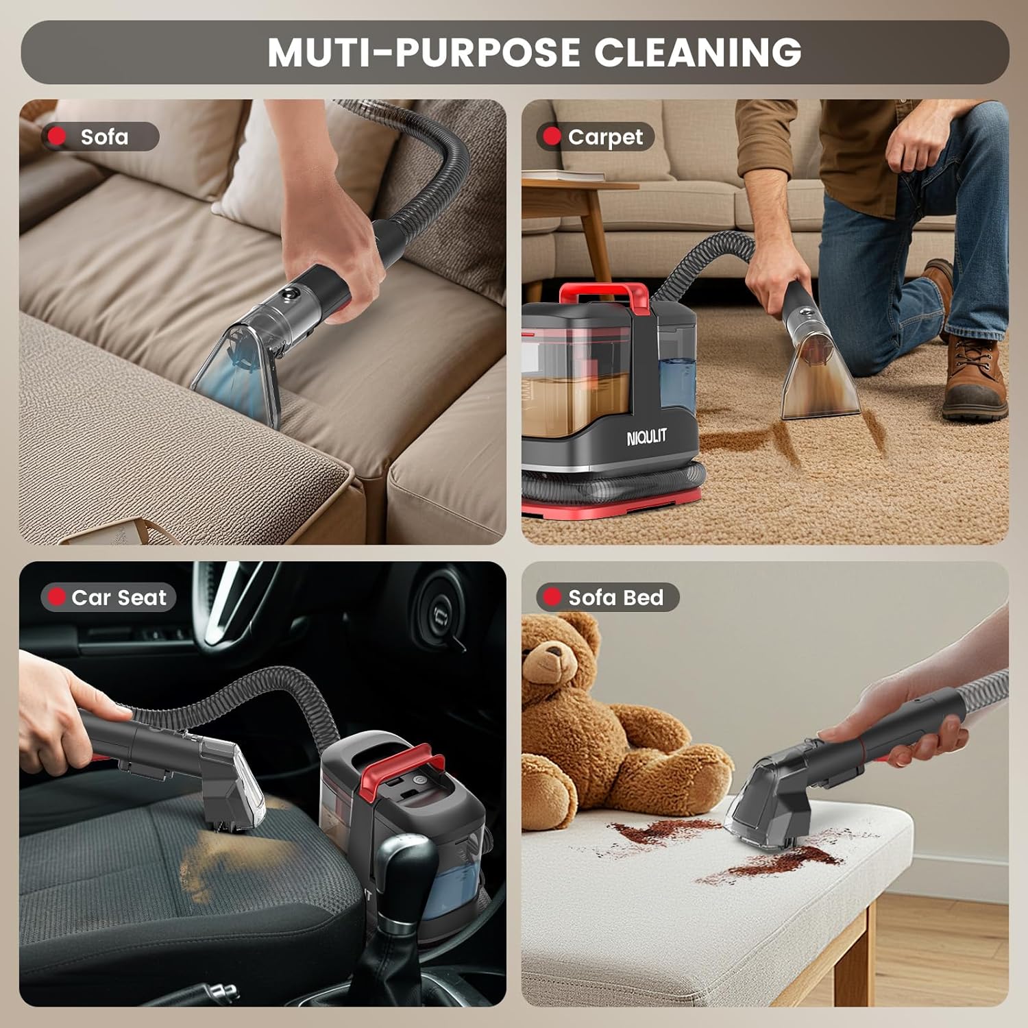 Portable Carpet & Upholstery Cleaner Machine -15Kpa Deep Cleaning for Area Rugs, Pets, Couch & Car, Cleaning Machine with Dual Size BrushHead & Self-Cleaning System, Spot Cleaner for Stairs/Furniture
