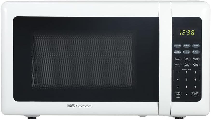 Emerson MW7302W Compact Countertop Microwave Oven with Touch Control, LED Display, 700W, 10 Power Levels, 6 Auto Menus, Glass Turntable and Child Safe Lock, 0.7 Cu., Ft. White