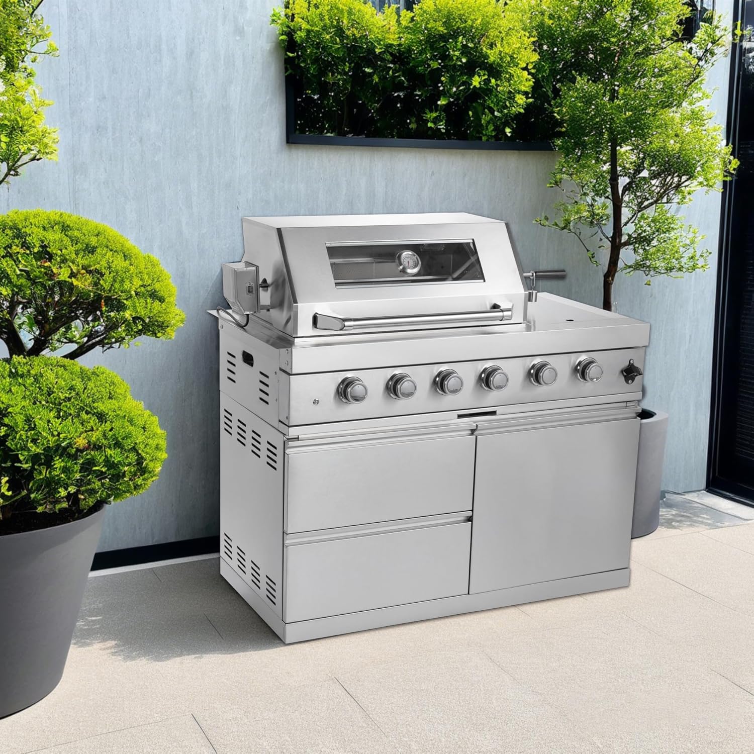 Four-Burner Gas Grill Outdoor Kitchen Island, Stainless Steel BBQ Grill with Side Burner & 60,000 BTU for Patio Backyard, Easy Assembly