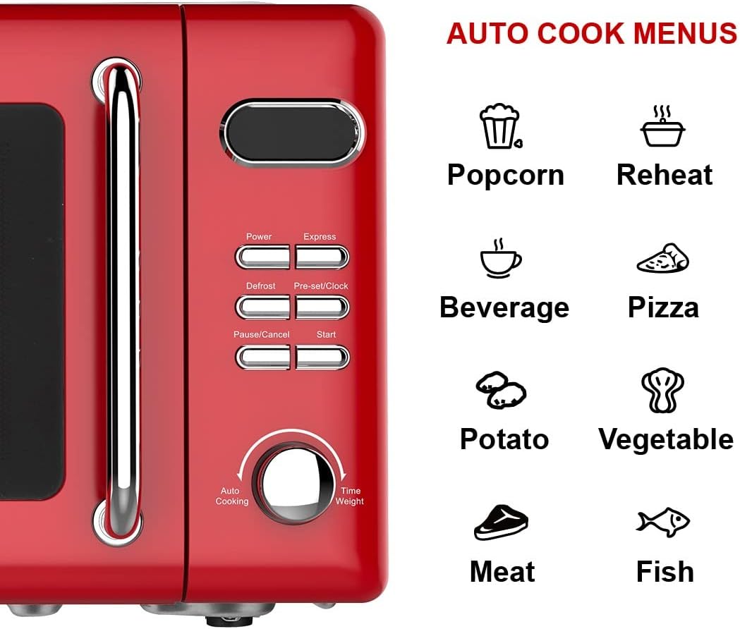 Emerson MWR7020RD Retro Compact Countertop Microwave Oven with Button Control, LED Display, 700W 5 Power Levels, 8 Auto Menus, Glass Turntable and Child Safe Lock, 0.7, Retro Red