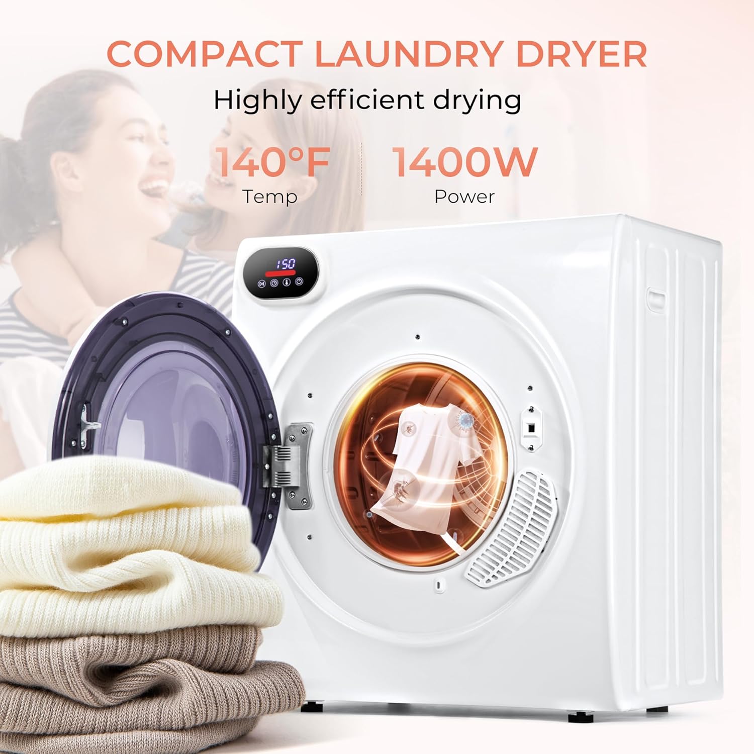 Euhomy Portable Dryer with Exhaust Hose, Four Drying Functions, Dries Up to 9 lbs of Clothes, 1400w Mini Dryer with Stainless Steel Liner, Suitable for Apartments, RVs, Gym