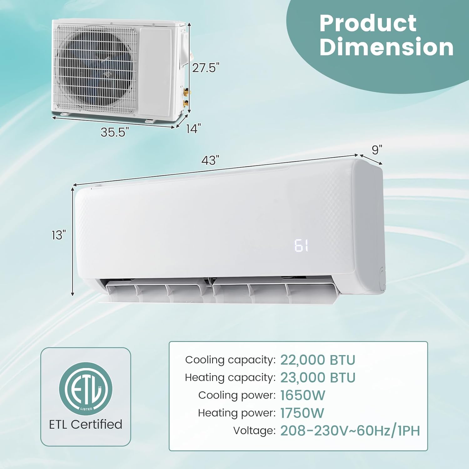 RELAX4LIFE Mini Split Ac/Heating System, 24000 BTU Ductless Mini Split Air Conditioner w/Heat Pump, Works with Alexa, Cools Up to 1500 Sq.Ft, Installation Kit, 21 SEER2 208-230V Inverter Split AC Unit